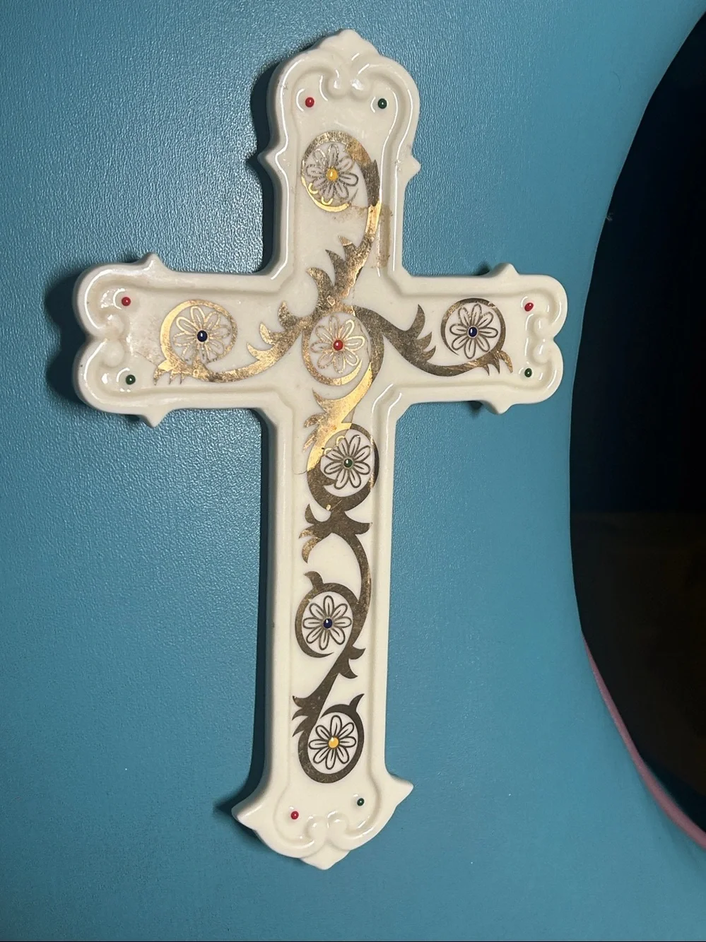 Decorative White Cross Wall Plaque with Gold Accents